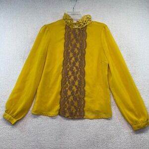 Flying Tomato Women's M Lace Front‎ Ruffle Collar Blouse Mustard Long Sleeve